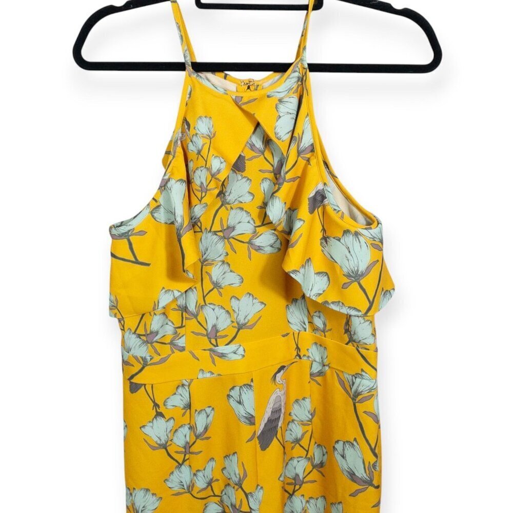 Anthropologie Varun Bahl Warbler yellow ruffle trim jumpsuit SZ 8 Heron Print - Picture 3 of 10